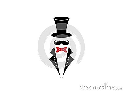 Monochrome illustration hat moustache with costume and tie Cartoon Illustration