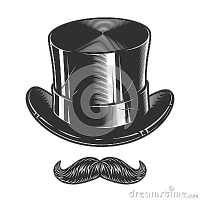 Monochrome illustration of top hat and moustache Vector Illustration