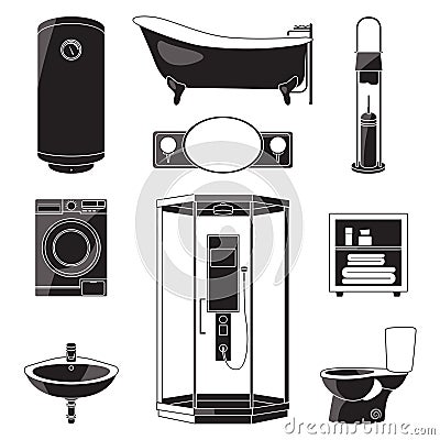 Monochrome illustrations of bathroom furniture and others sanitary symbols. Vector black pictures isolated Vector Illustration