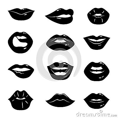 Monochrome illustrations of beautiful and glossy female lips isolated on white background Vector Illustration