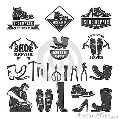 Monochrome illustrations of various tools for shoe repair. Labels or logos for clothing factory Vector Illustration