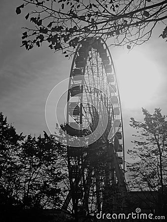 A monochrome image of the Belfast Wheel in the soft diffused evening light of a day in December Stock Photo