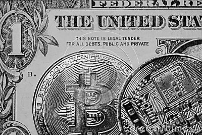 Monochrome image of Bitcoin crypto currency seen laying on a regular One Dollar banknote. Editorial Stock Photo