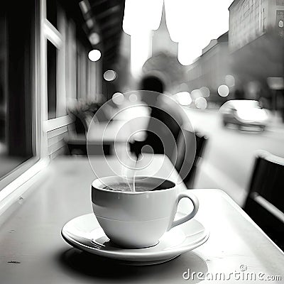 Monochrome Image of a Cup of Steaming Hot Coffee at a Sidewalk Cafe Stock Photo