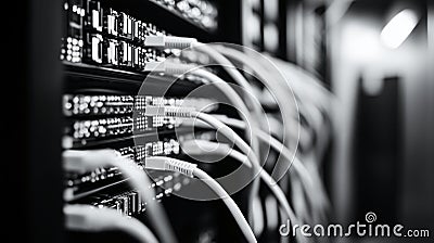 A monochrome image of a server room highlights rows of network servers connected by multiple Ethernet cables Stock Photo