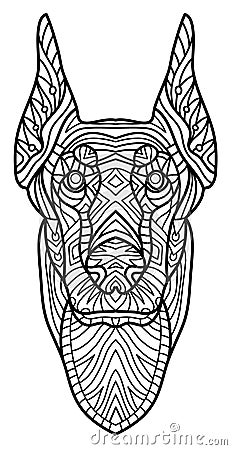 Monochrome ink drawing. Coloring book for adults. The head of a Doberman with pattern. Vector Illustration