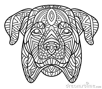 Monochrome ink drawing. Coloring book for adults. The head of a Rottweiler with tribal pattern. Zenart. Vector Illustration