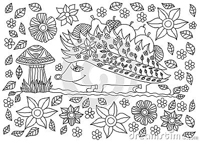 Monochrome ink drawing. Cute hedgehog with fruits and mushrooms Vector Illustration