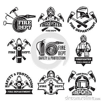 Monochrome labels set for fire department. Pictures Vector Illustration