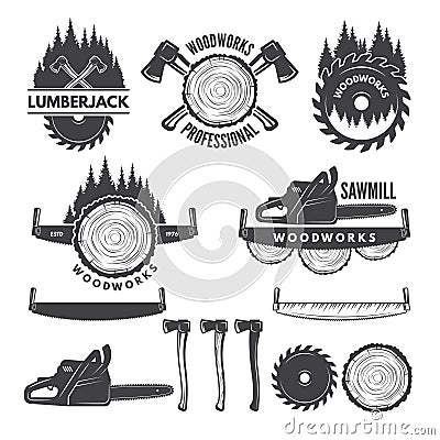 Monochrome labels set with lumberjack and pictures for wood industry Vector Illustration