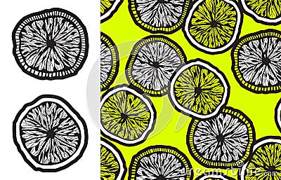 Monochrome lemon slices and seamless backgroud Vector Illustration