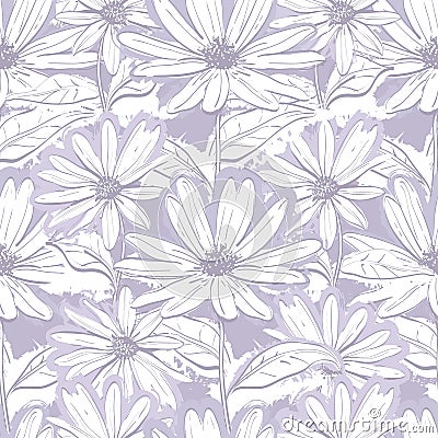 Monochrome lilac gray floral wallpaper, Seamless pattern chamomiles, Hand-drawn daisies Vector Illustration