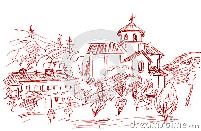 Monochrome linear drawing of Moraca monastery, Montenegro, Mediterranean travel sketch Cartoon Illustration