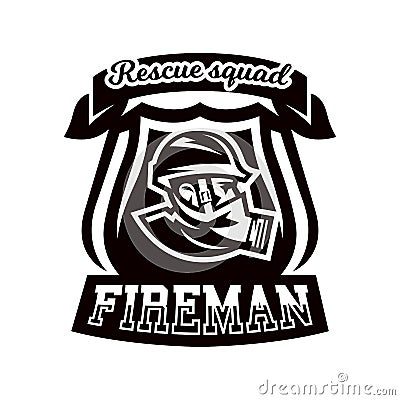 Monochrome logo, emblem, fireman in a gas mask. Vector Illustration