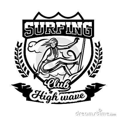 Monochrome logo, emblem, girl surfer. Surfing on the waves, the beach, weekend, extreme sport. Vector illustration. Vector Illustration