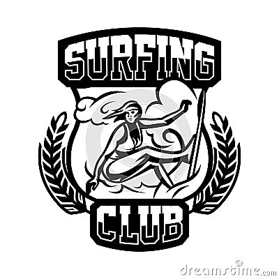 Monochrome logo, emblem, girl surfer. Surfing on the waves, the beach, weekend, extreme sport. Vector illustration. Vector Illustration