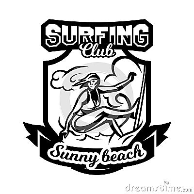 Monochrome logo, emblem, girl surfer. Surfing on the waves, the beach, weekend, extreme sport. Vector illustration. Vector Illustration