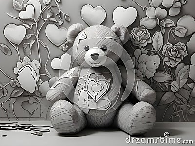 Monochrome Love: White & Black Laser Teddy Bear Heart Wall Art Stock Photo