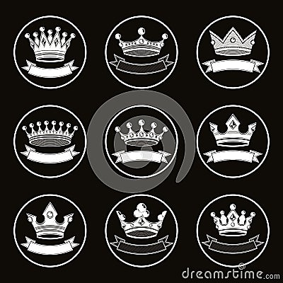 Monochrome luxury crowns collection . 3d imperial access Vector Illustration