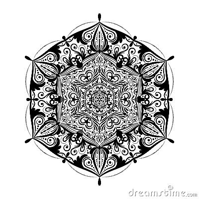 Monochrome mandala doodle element in boho style . Decorative round pattern, flower mandala, ethnic ornament, lace napkin Vector Illustration