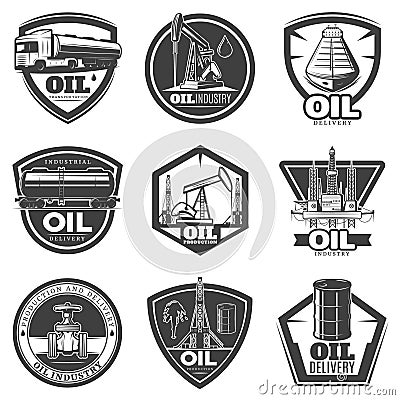 Monochrome Oil Industry Labels Vector Illustration