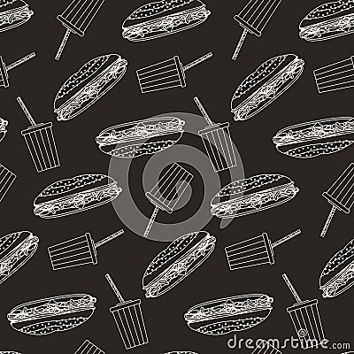 Monochrome outline cola and sub sandwich seamless pattern Stock Photo