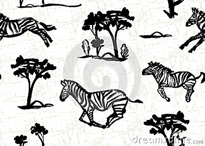 Monochrome pattern with running zebras on the savannah painted in black gouache Stock Photo