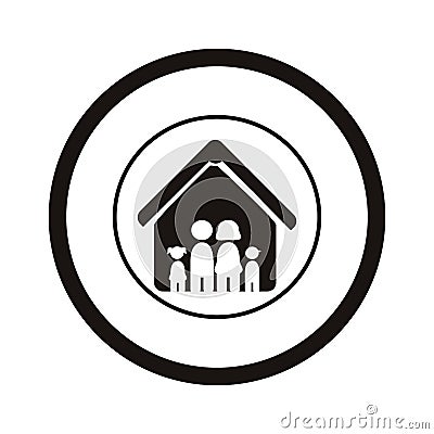 Monochrome pictogram with family in house inside the circle Vector Illustration