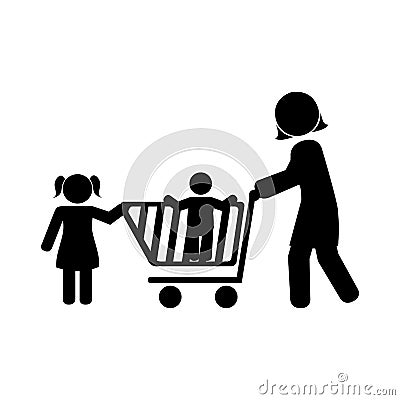 Monochrome pictogram with mom and kids and shopping cart Vector Illustration