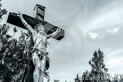Monochrome picture of a crucifix of Jesus-Christ Stock Photo