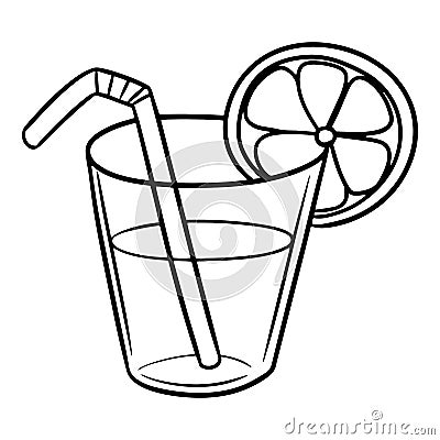 Monochrome picture, glass glass with juice, Elite drink decorated with lemon slice and tubes, vector Vector Illustration