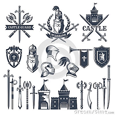 Monochrome pictures and badges of medieval knight theme. Illustrations of helmets, swords Vector Illustration