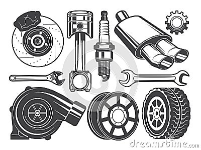 Monochrome pictures of engine, turbocharger cylinder and other automobile tools Vector Illustration