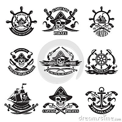 Monochrome pictures of pirate labels. Illustration of military ships, skull and guns Vector Illustration