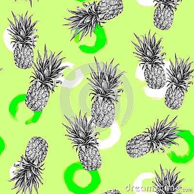 Monochrome pineapple on a light green background. Watercolor colourful illustration. Tropical fruit. Seamless pattern Cartoon Illustration