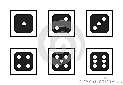 Monochrome pixel-art vector pixelated black dices with white dot Vector Illustration