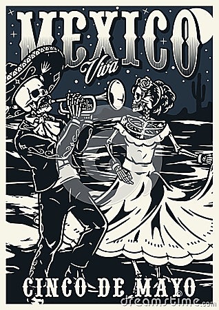 Monochrome poster with Mexican dead characters Vector Illustration