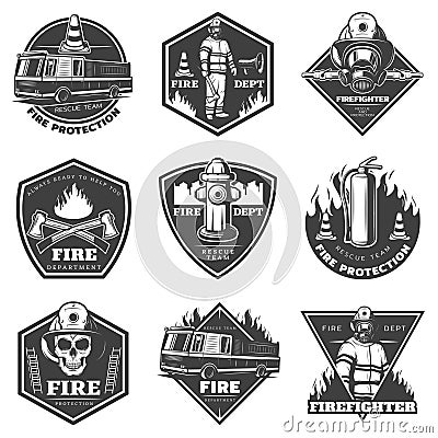 Monochrome Professional Firefighting Labels Set Vector Illustration