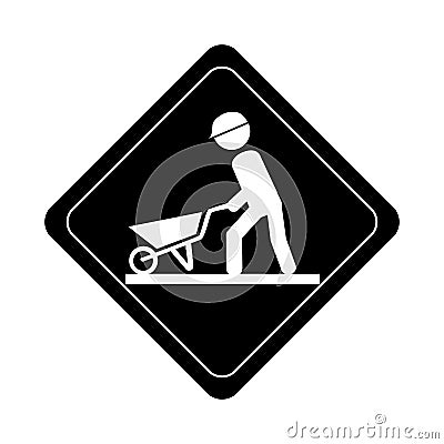 Monochrome road sign pictogram with man with wheelbarrow Vector Illustration