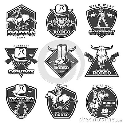 Monochrome Rodeo Labels Set Vector Illustration