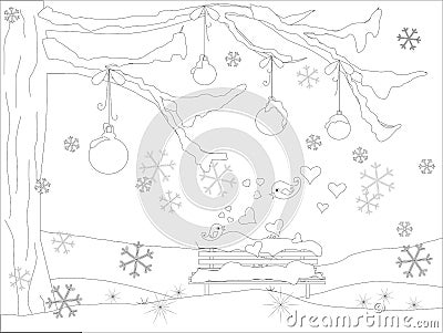 Monochrome romantic background with Christmas tree, falling snowflakes, lovebirds, balls, bench in snow Vector Illustration