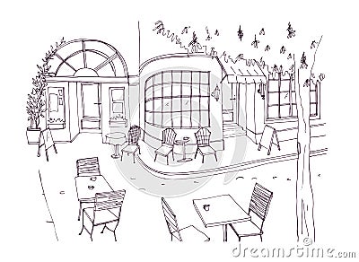 Monochrome rough sketch of european outdoor or sidewalk cafe, restaurant or coffeehouse with tables and chairs standing Vector Illustration