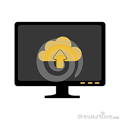 Monochrome screen with cloud upload service Vector Illustration