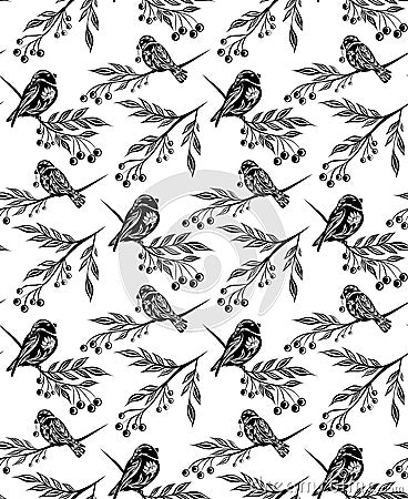 Monochrome seamless decorative pattern with birds and rowan berries on branches on white backdrop. Vector black tracery texture Vector Illustration