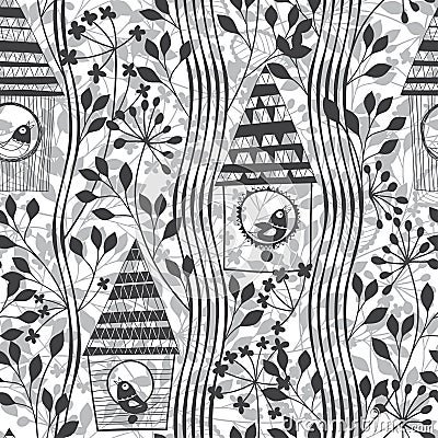 Monochrome seamless pattern with birds, birdhouses and flowering Stock Photo