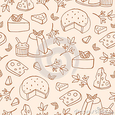 Monochrome seamless pattern with cheese of different kinds - ricotta, roquefort, brie, maasdam. Backdrop with delicious Vector Illustration