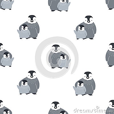 Monochrome seamless pattern with cute pair of embracing mother and baby penguins on white background. Funny flat cartoon Vector Illustration