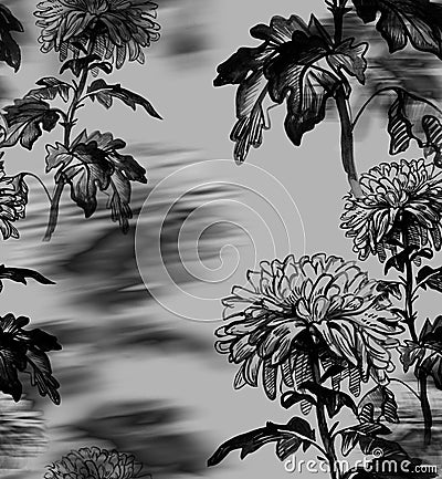 Monochrome seamless pattern with blurred sillouettes of chrysanthemums. Stock Photo