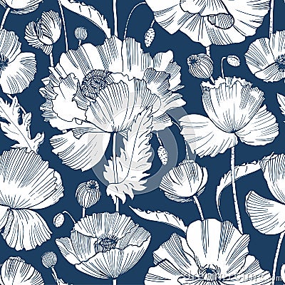 Monochrome seamless pattern with gorgeous blooming wild poppy flowers, leaves and seed heads hand drawn with contour Vector Illustration