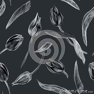 Monochrome seamless pattern with gray Tulips flowers drawn by pencil on black. Cartoon Illustration